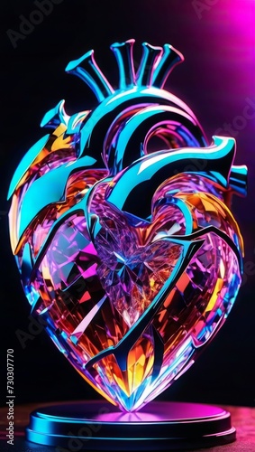 A detailed glass heart sculpture is illuminated with neon lights, showcasing a dynamic play of colors and reflections against a dark backdrop. 