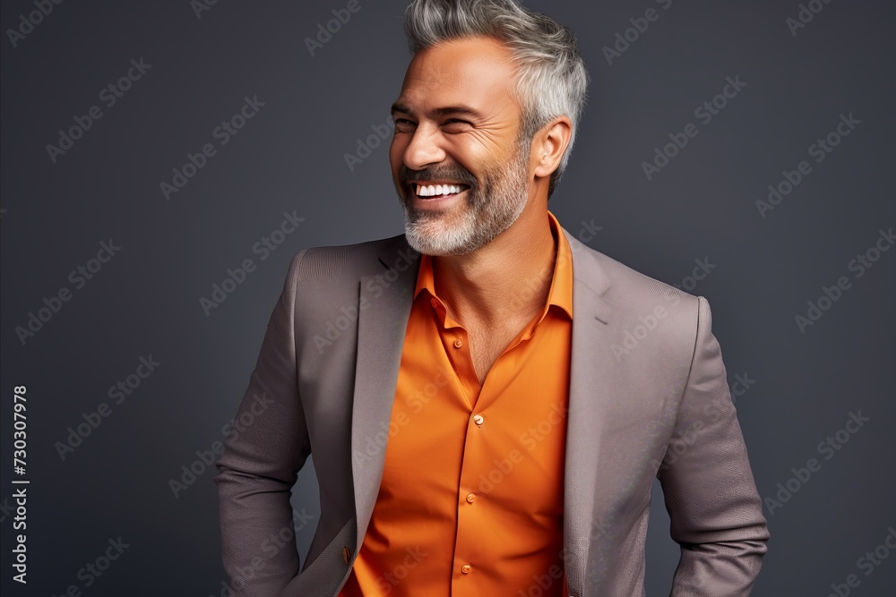 Handsome middle-aged man in an orange shirt and grey jacket. Handsome middle-aged man in an orange shirt and grey jacket.
