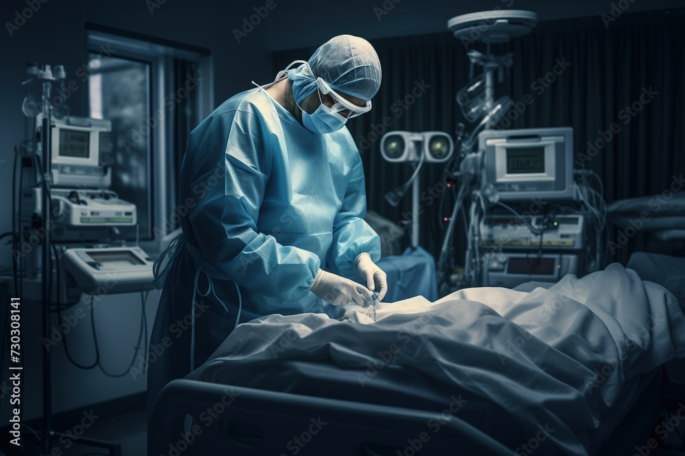 A person in a hospital gown operating a machine in a clinical setting. A person in a hospital gown operating a machine in a clinical setting.