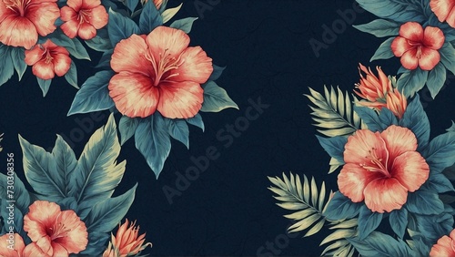 tropical flowers navy background, for cards creating and greetings