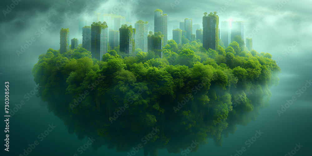 Evolution einer verlassenen Stadt mit Hochhäuser mit Pflanzen und Bäume zu gewachsen im grünen Farben, ai generativ
