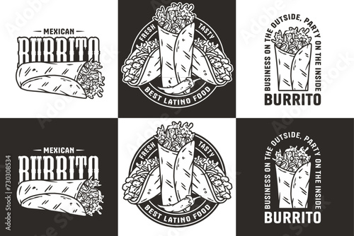 Monochrome burrito set mexican food vector with meat and vegetable for logo or emblem. Traditional burritos latin fast food collection