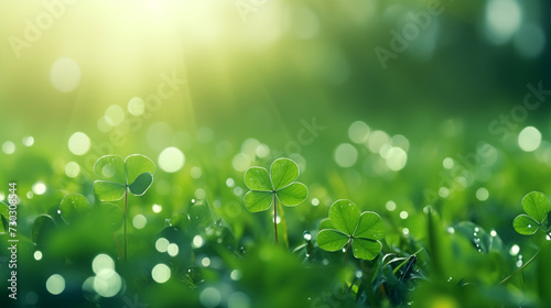 Green illustration with sun glare blurred lights, clover on lawn. Sunny Summer Banner With Space For Copy, Text And Advertisement, Grass With Water Drops, St. Patrick, Holiday Day