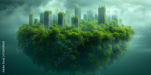 Evolution einer verlassenen Stadt mit Hochhäuser mit Pflanzen und Bäume zu gewachsen im grünen Farben, ai generativ