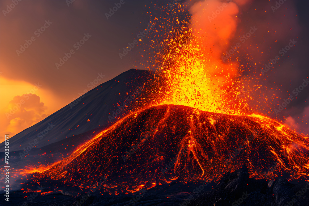 eruption of the vulcano in iceland mountains. travel, tourism. extreme