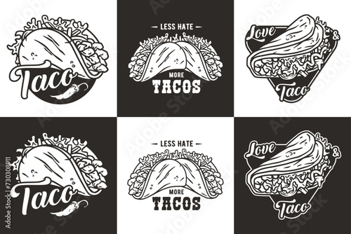 Monochrome mexican taco set vector with meat and vegetable for logo or emblem. Latin traditional taco collection for restaurant or cafe of Mexico fast food