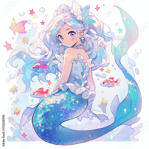 the mermaid princess on the sea anime art cartoon loli mermaid sky, AI Generetive