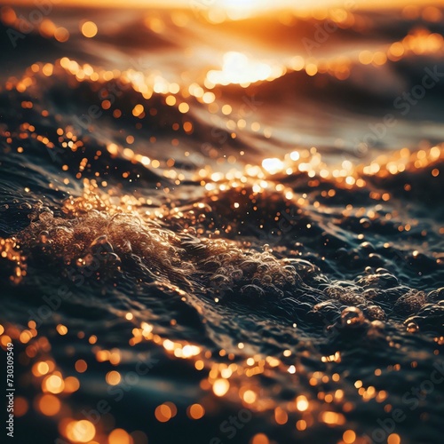 Texture of water and ocean waves showing golden water drops in golden hour, nature photography, hd, sunrise over the sea