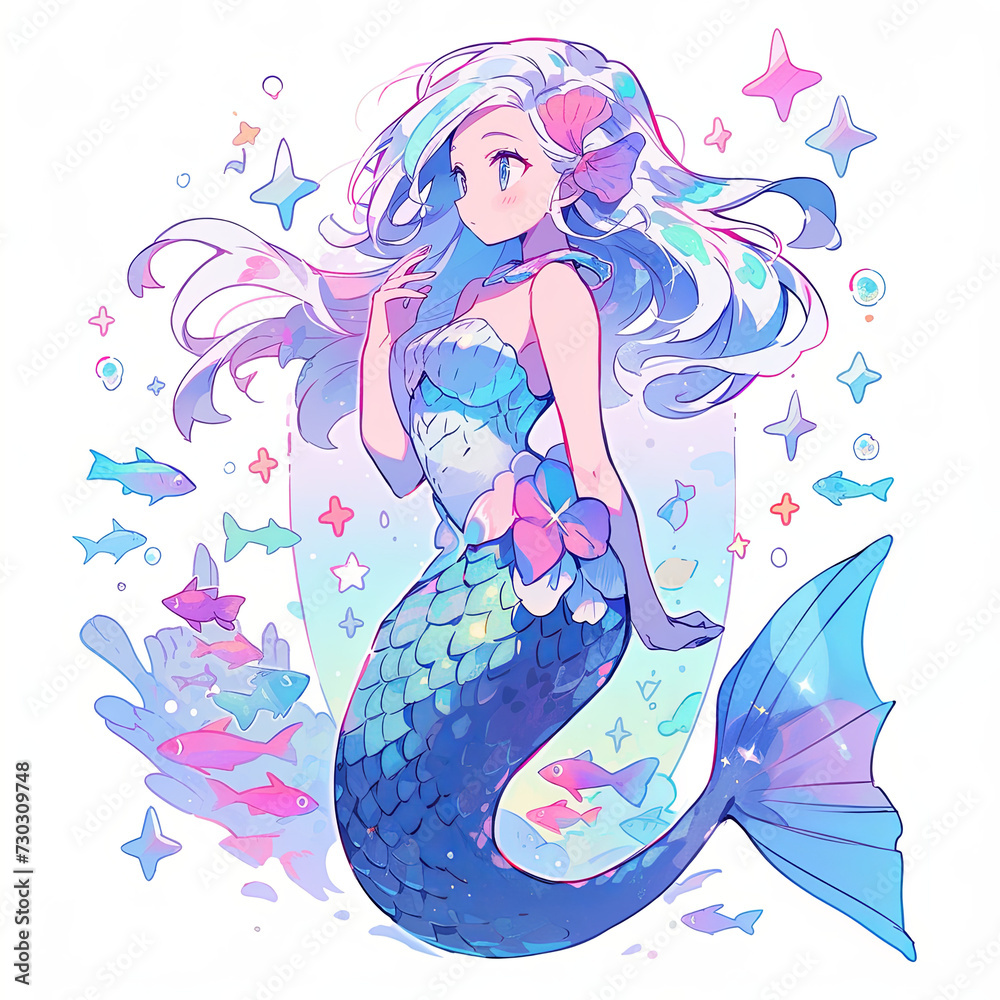 the mermaid princess on the sea anime art cartoon loli mermaid sky, AI Generetive