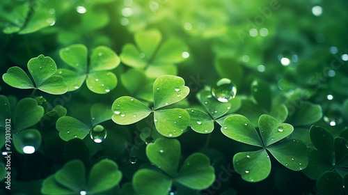 Green bright background with clover leaves, raindrops, highlights, St. Patrick's day. Illustration with space for copy, banner for text and advertising, beautiful postcard with blurred lights