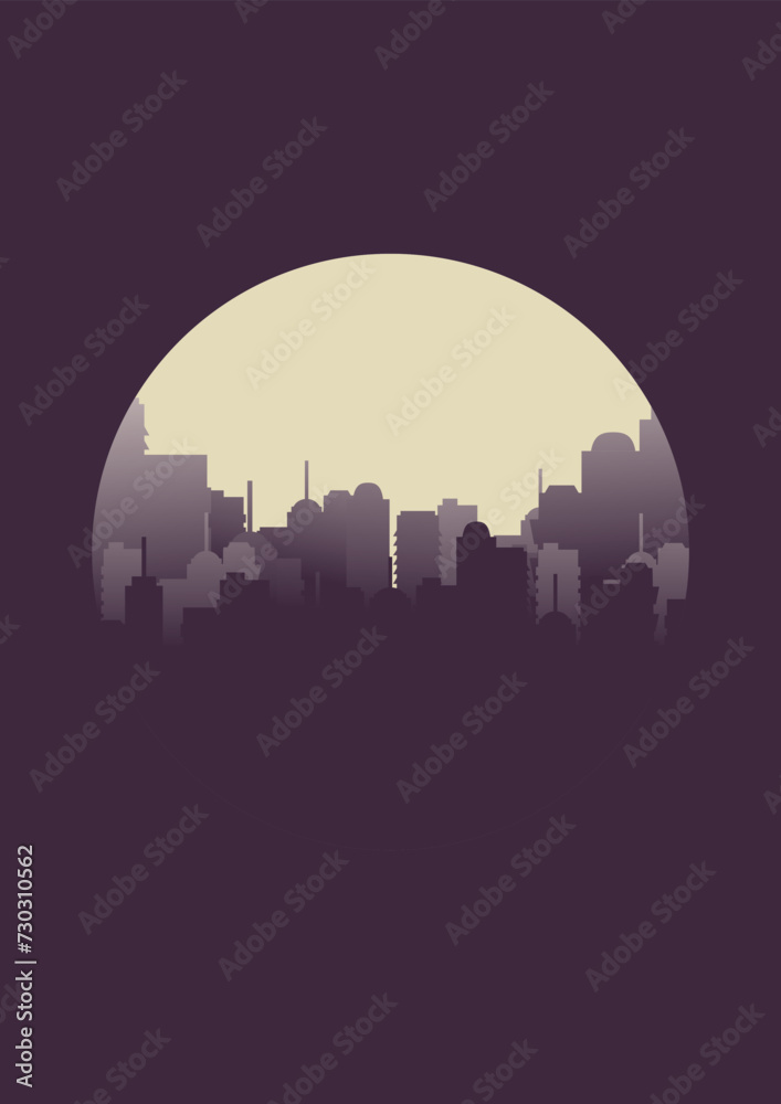 Night sky and moon over city silhouette cityscape illustration. Modern boho background with moonrise