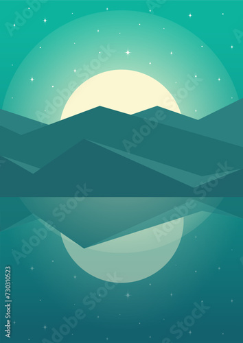 Minimalist aesthetic night mountains landscape. Nordic midnight, fjord illustration. Seaside with rising moon poster