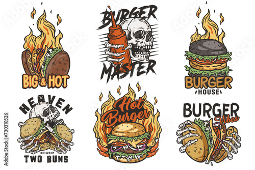 Burger vector set with burning skeleton with burgers in hands. Skull, fire and bones for logo, emblem, print of American food. Hamburger collection for restaurant or cafe