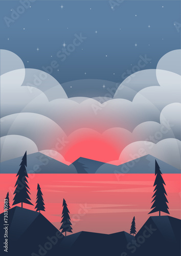 Aesthetic cloudy blue mountains sunrise landscape. Morning panorama with forest near lake poster.
