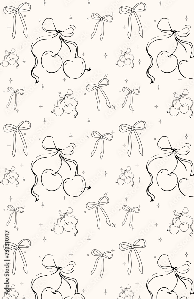 Trendy seamless pattern with bows and cherries. Trendy hair braiding accessory. Cute fun simple abstract vector background, texture for fabric Trendy seamless pattern with bows and cherries. Trendy hair braiding accessory. Cute fun simple abstract vector background, texture for fabric