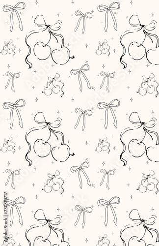 Trendy seamless pattern with bows and cherries. Trendy hair braiding accessory. Cute fun simple abstract vector background  texture for fabric
