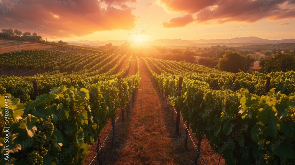 Sunset Over Vineyard Rows with Grapevines