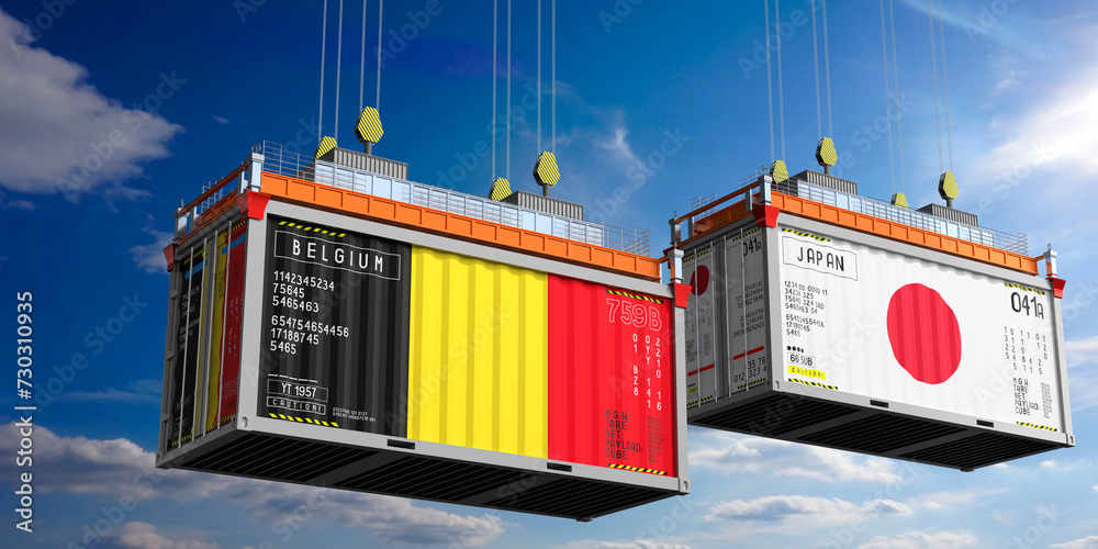 Shipping containers with flags of Belgium and Japan - 3D illustration