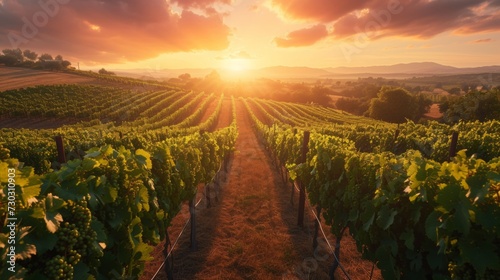 Sunset Over Vineyard Rows with Grapevines
