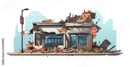 destroyed shop demolished building vector flat isolated illustration