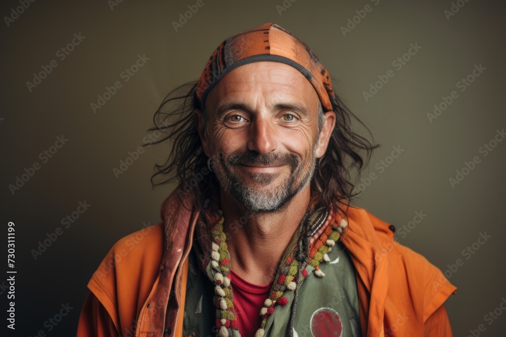 Portrait of an old hippie man with long hair in a hat.