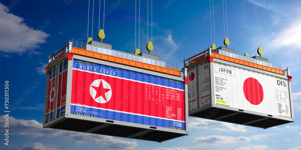 Shipping containers with flags of North Korea and Japan - 3D illustration