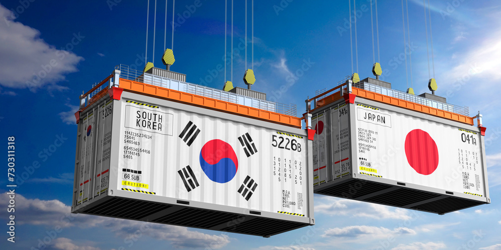 Shipping containers with flags of South Korea and Japan - 3D illustration
