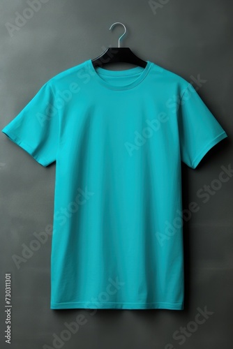 Cyan t shirt is seen against a gray wall