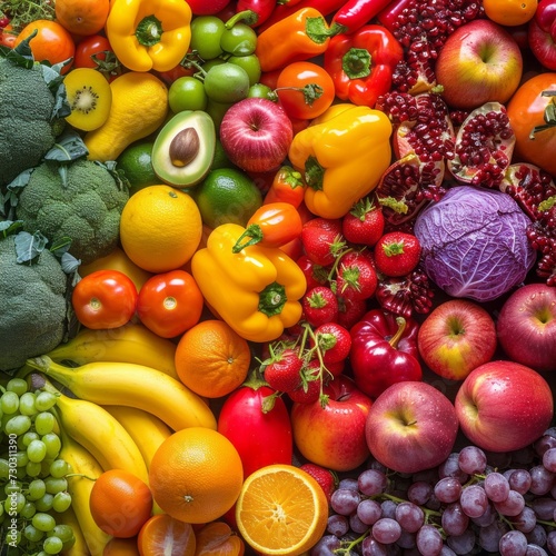 Vibrant assortment of fresh, colorful fruits and vegetables in a close-up view.