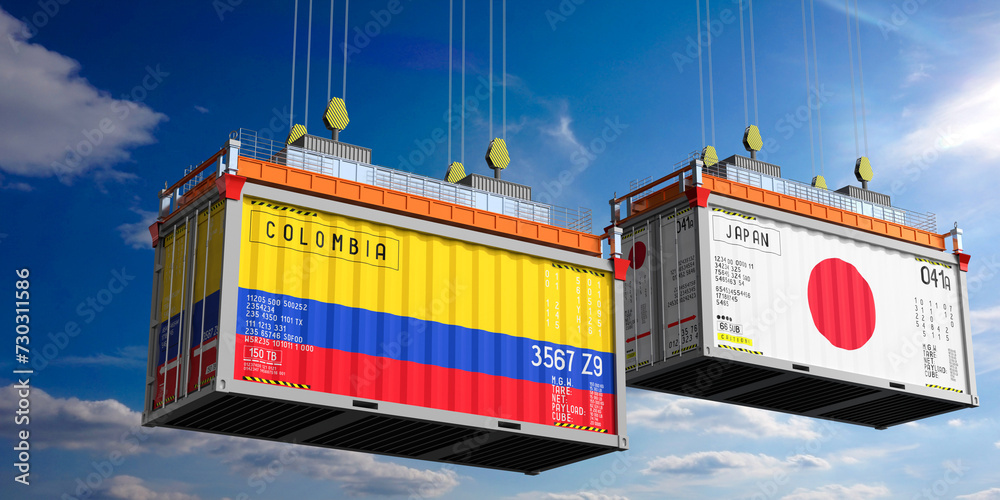 Shipping containers with flags of Colombia and Japan - 3D illustration