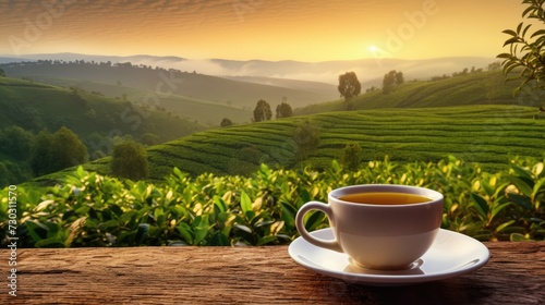 A white cup of tea on wooden table in lush green tea leaves garden with a beautiful sunrise illuminating the rolling hills in the background