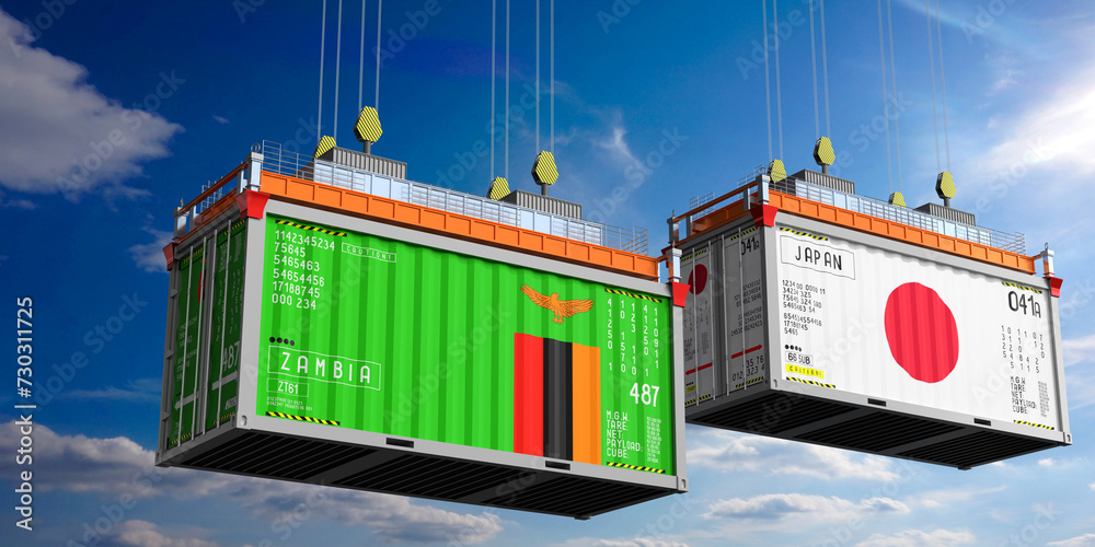 Shipping containers with flags of Zambia and Japan - 3D illustration