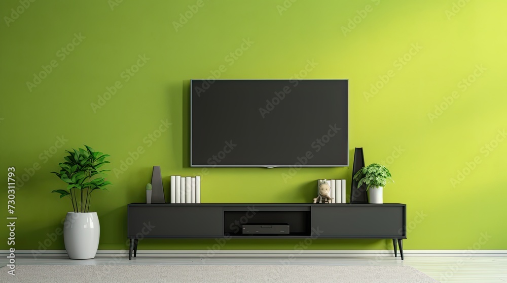 black TV with green scene of modern interior, minimalism concept black TV with green scene of modern interior, minimalism concept