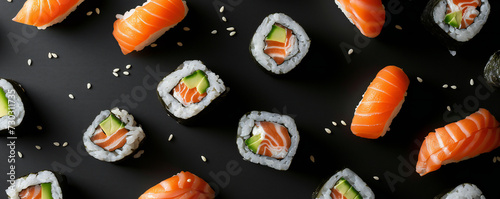 Avocado and salmon sushi rolls flying pattern on a black background. Delicious japan food. 
