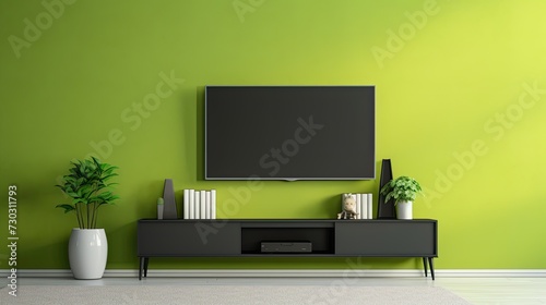 black TV with green scene of modern interior, minimalism concept