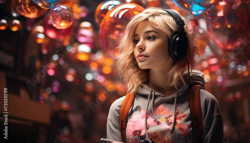 A beautiful young woman enjoying nightlife, smiling, listening to music generated by AI