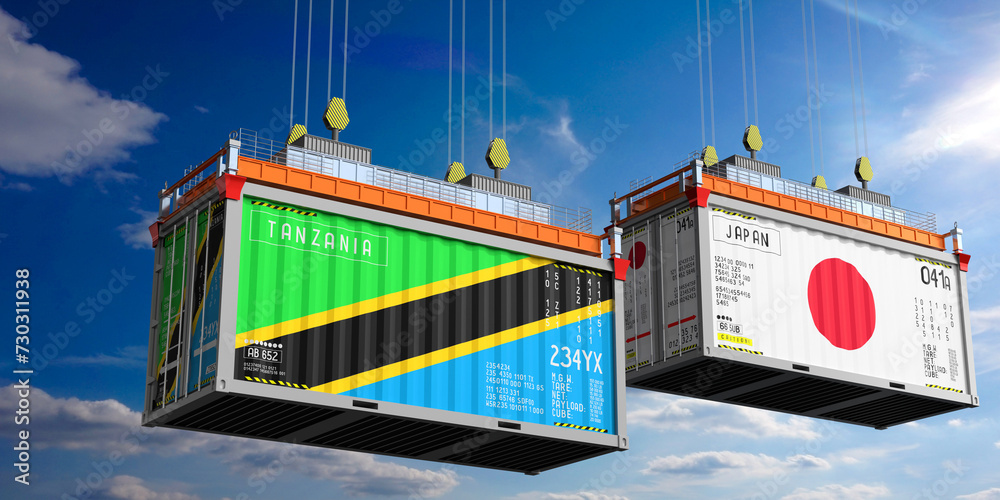 Shipping containers with flags of Tanzania and Japan - 3D illustration