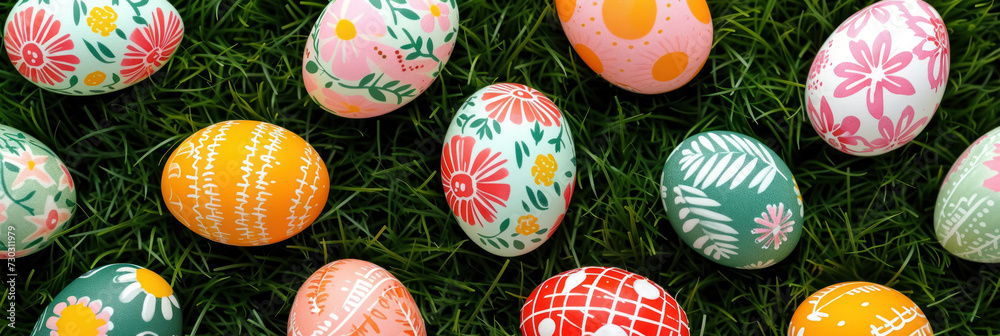 assorted easter eggs with intricate patterns and floral motifs on lush grass - obrazy, fototapety, plakaty 