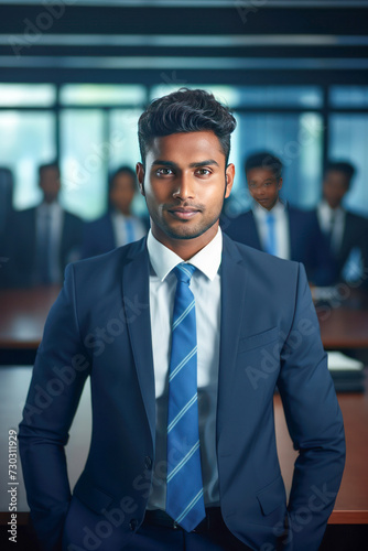young indian businessman standing confidently at office
