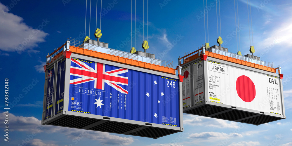 Shipping containers with flags of Australia and Japan - 3D illustration