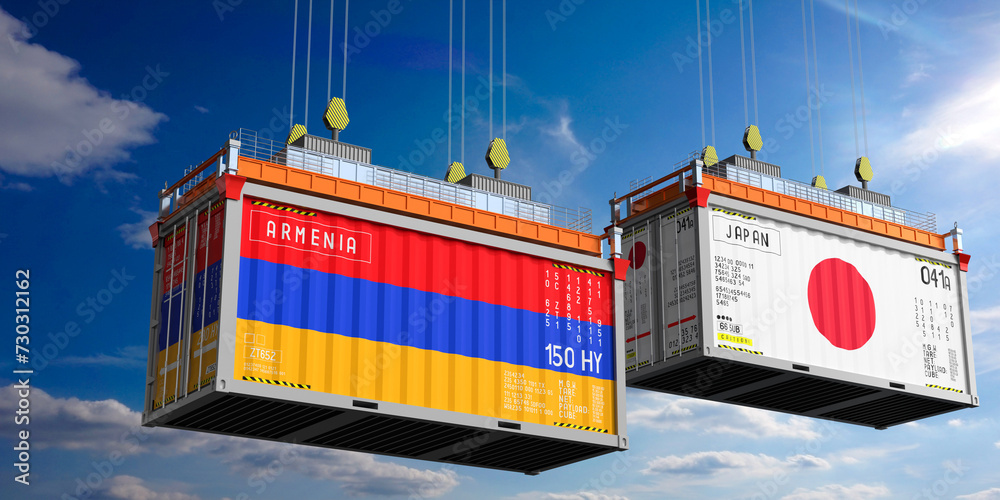 Shipping containers with flags of Armenia and Japan - 3D illustration