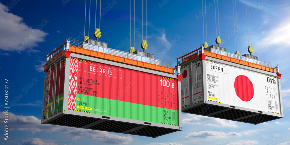 Shipping containers with flags of Belarus and Japan - 3D illustration