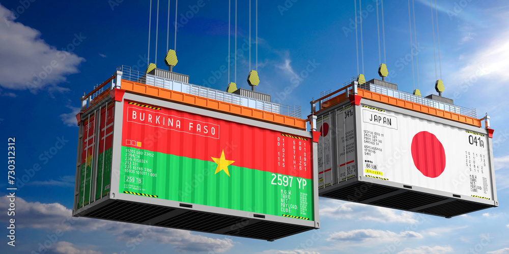 Shipping containers with flags of Burkina Faso and Japan - 3D illustration