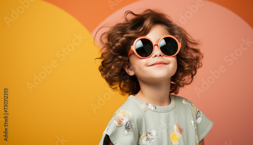 Cute child smiling, wearing sunglasses, joyful, looking at camera generated by AI