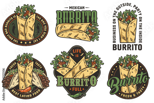 Burrito set mexican food vector with meat and vegetable for logo or emblem. Traditional burritos latin fast food collection