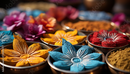 A colorful bowl of spices, flowers, and herbs decorate the table generated by AI