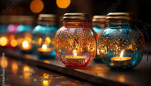 Burning candle illuminates dark night, symbolizing spirituality and celebration generated by AI