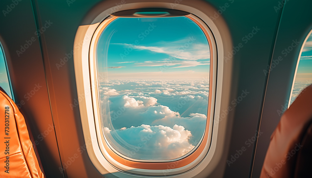 Looking through airplane window, flying high in the sky generated by AI Looking through airplane window, flying high in the sky generated by AI