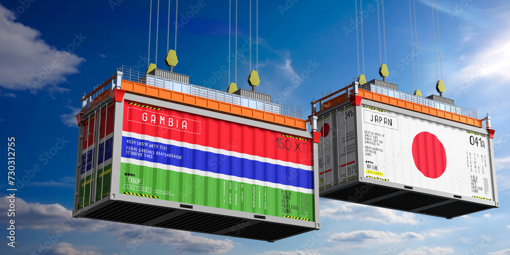 Shipping containers with flags of Gambia and Japan - 3D illustration