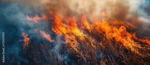 Intense fire and smoke in an open field viewed from above, caused by a tall blaze burning dry grass, creating a natural disaster. © 2rogan